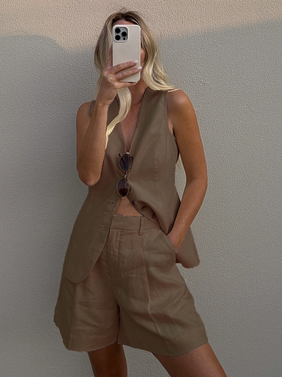 Sets | Women’s Linen-Blend Vest and High-Waist Shorts Two-Piece Set