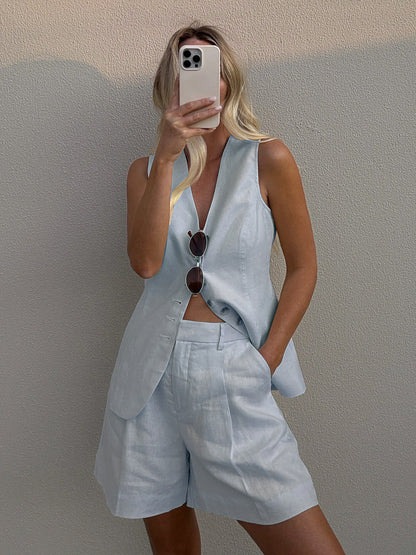 Sets | Women’s Linen-Blend Vest and High-Waist Shorts Two-Piece Set