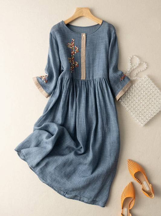 Dresses | Women’s Embroidered Linen-Blend Casual Midi Dress