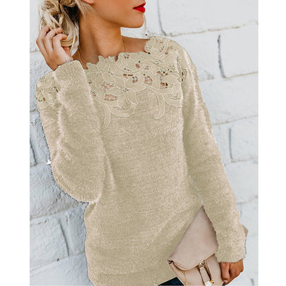 Sweater | Fuzzy Knit Pullover with Lace Detail