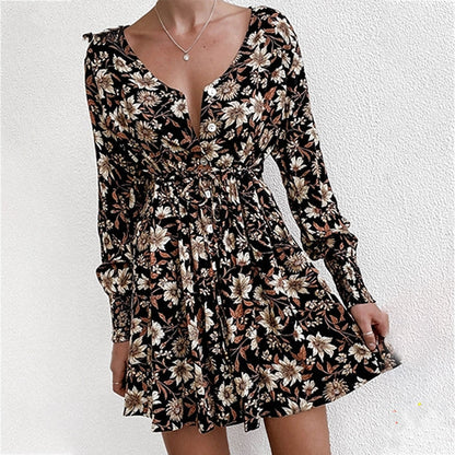 Dresses | Women’s Deep V-Neck Floral Print Mini Dress with Long Sleeves