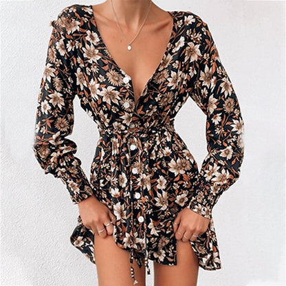 Dresses | Women’s Deep V-Neck Floral Print Mini Dress with Long Sleeves