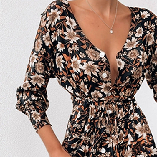 Dresses | Women’s Deep V-Neck Floral Print Mini Dress with Long Sleeves