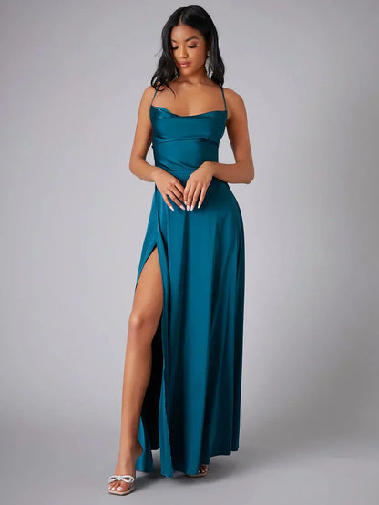 Dresses | Women’s Satin Cowl Neck Spaghetti Strap Gown