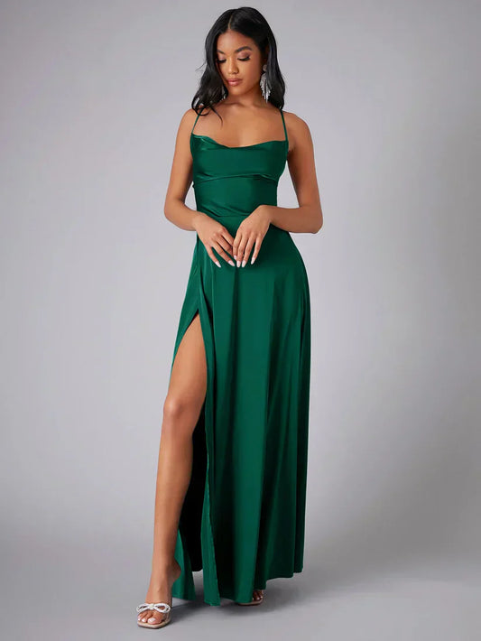 Dresses | Women’s Satin Cowl Neck Spaghetti Strap Gown