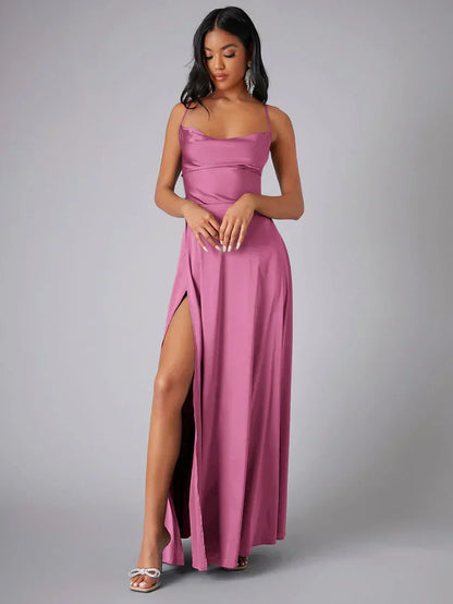 Dresses | Women’s Satin Cowl Neck Spaghetti Strap Gown