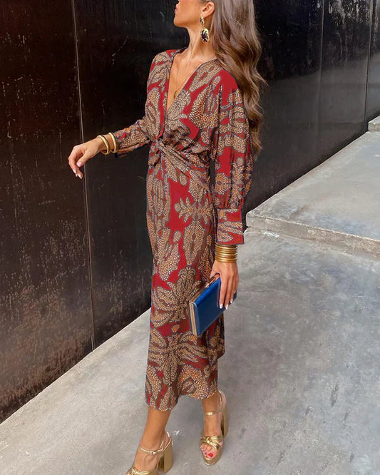 Dresses | Women’s Boho Print Long Sleeve Wrap Midi Dress