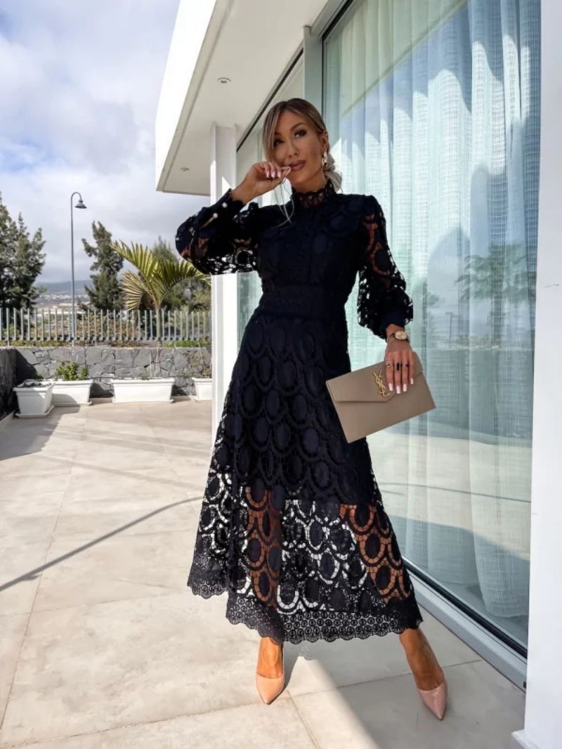 Dresses | Women’s Elegant Lace Midi Dress with Sheer Sleeves