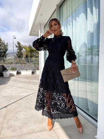 Dresses | Women’s Elegant Lace Midi Dress with Sheer Sleeves