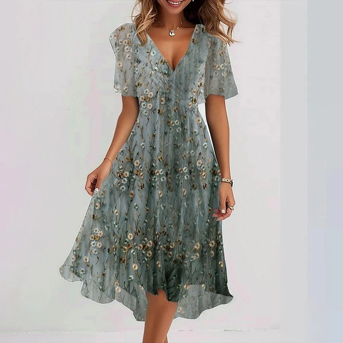 Dresses | Women’s Floral Print V-Neck Short Sleeve Midi Dress