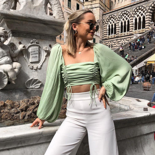 Tops | Women’s Ruched Puff Sleeve Crop Top with Tie Detail