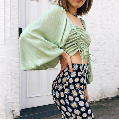 Tops | Women’s Ruched Puff Sleeve Crop Top with Tie Detail