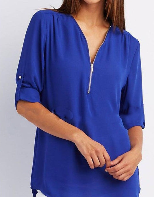 Tops | Women’s Zip Front V-Neck Blouse with Roll-Up Sleeves
