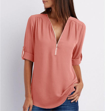 Tops | Women’s Zip Front V-Neck Blouse with Roll-Up Sleeves