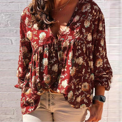 Tops | Women’s Boho Floral Print V-Neck Long Sleeve Blouse