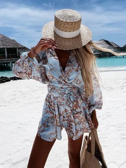Rompers | Women’s Boho Floral Long Sleeve Ruffle Hem Romper