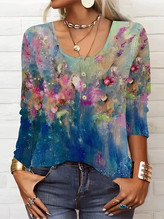Tops | Women’s Watercolor Floral Print V-Neck Casual Blouse