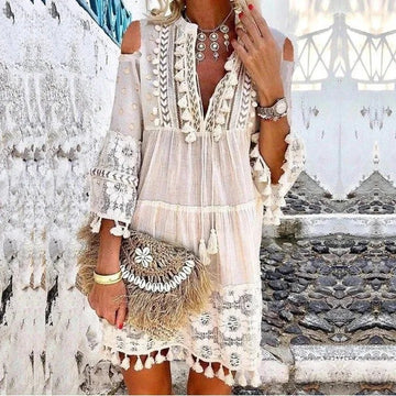 Dresses | Women’s Boho Lace Embroidered Cold Shoulder Mini Dress
