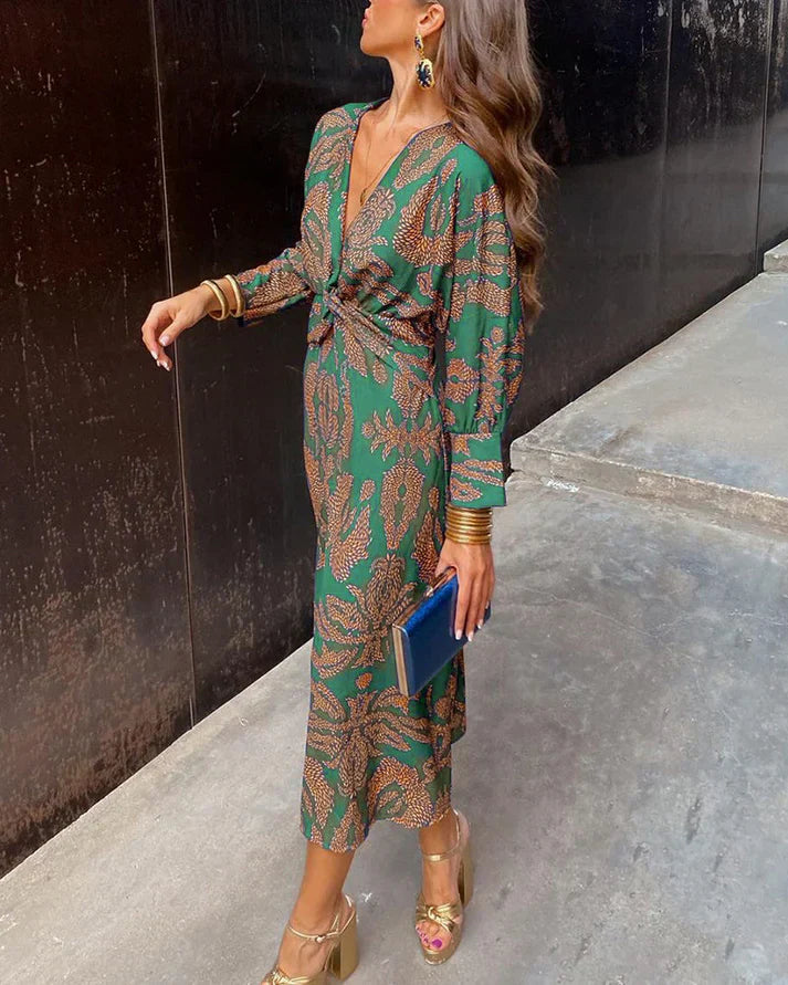 Dresses | Women’s Boho Print Long Sleeve Wrap Midi Dress