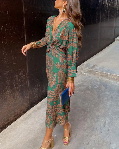 Dresses | Women’s Boho Print Long Sleeve Wrap Midi Dress