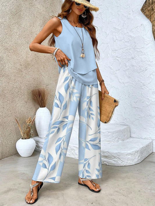 Sets | Women’s Sleeveless Top and Wide-Leg Printed Pants Set – Relaxed Fit