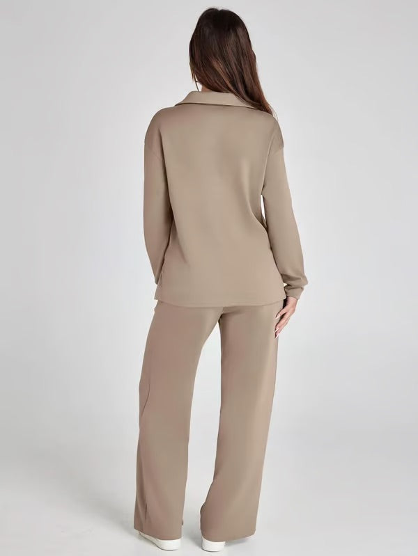 Two-Piece Set | V-Neck Sweatshirt & Wide-Leg Trousers