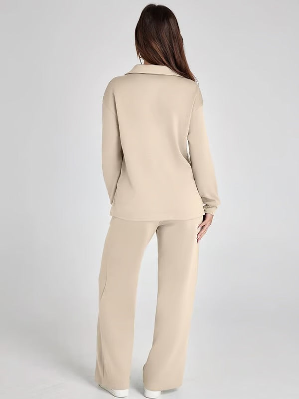 Two-Piece Set | V-Neck Sweatshirt & Wide-Leg Trousers