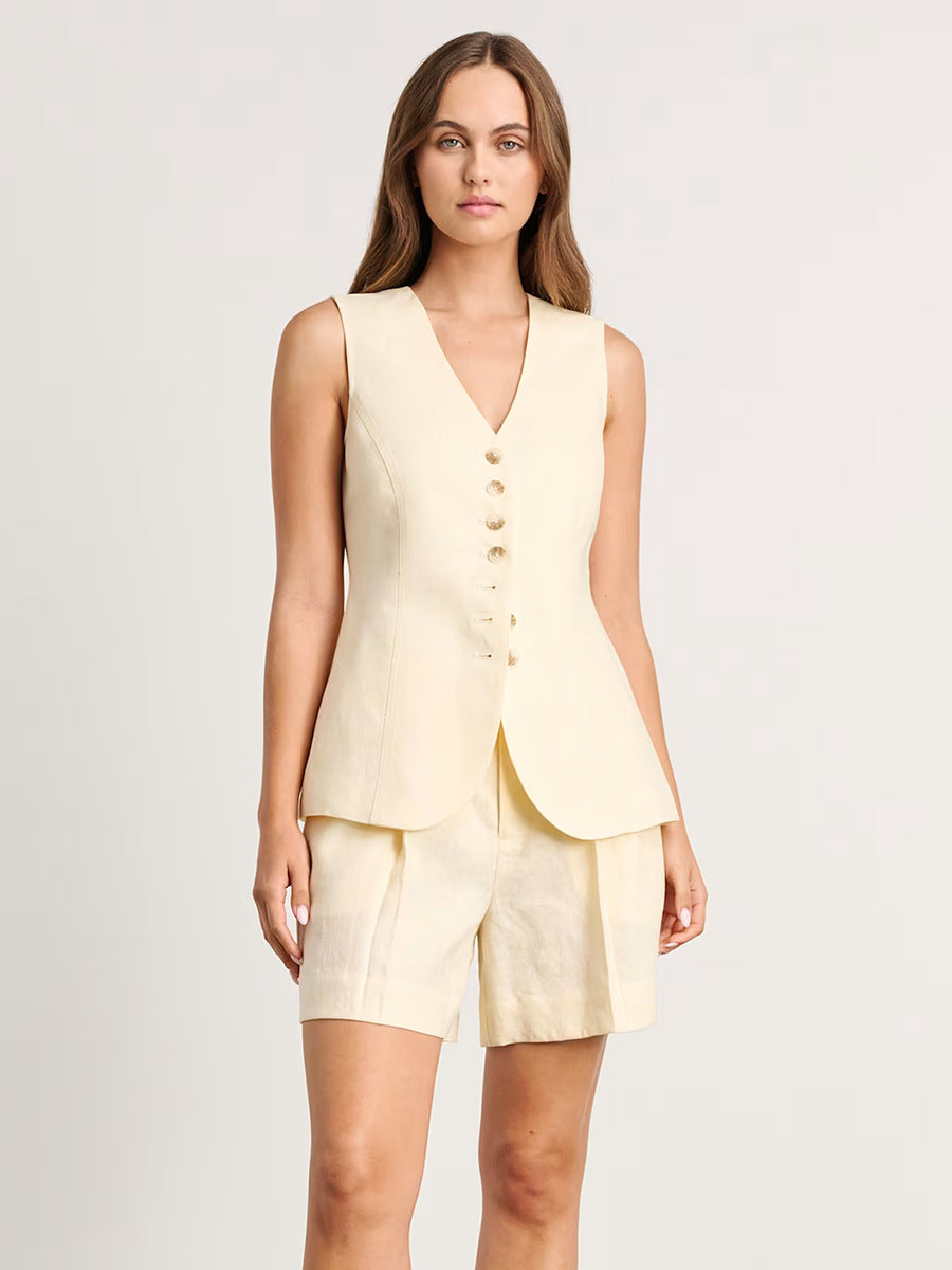 Sets | Women’s Linen-Blend Vest and High-Waist Shorts Two-Piece Set