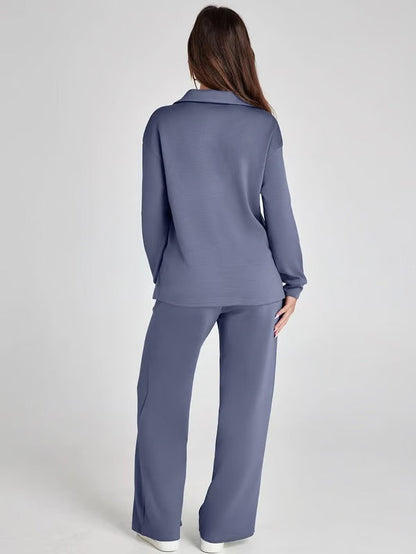 Two-Piece Set | V-Neck Sweatshirt & Wide-Leg Trousers