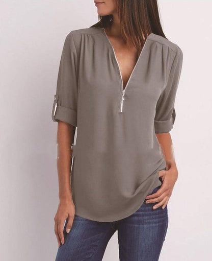 Tops | Women’s Zip Front V-Neck Blouse with Roll-Up Sleeves