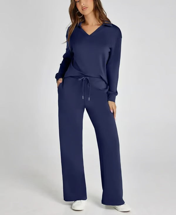 Two-Piece Set | V-Neck Sweatshirt & Wide-Leg Trousers