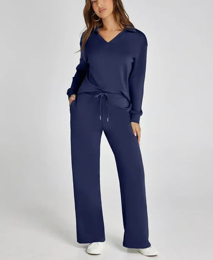 Two-Piece Set | V-Neck Sweatshirt & Wide-Leg Trousers