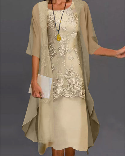 Dresses | Women’s Elegant Lace Midi Dress with Chiffon Cape Overlay