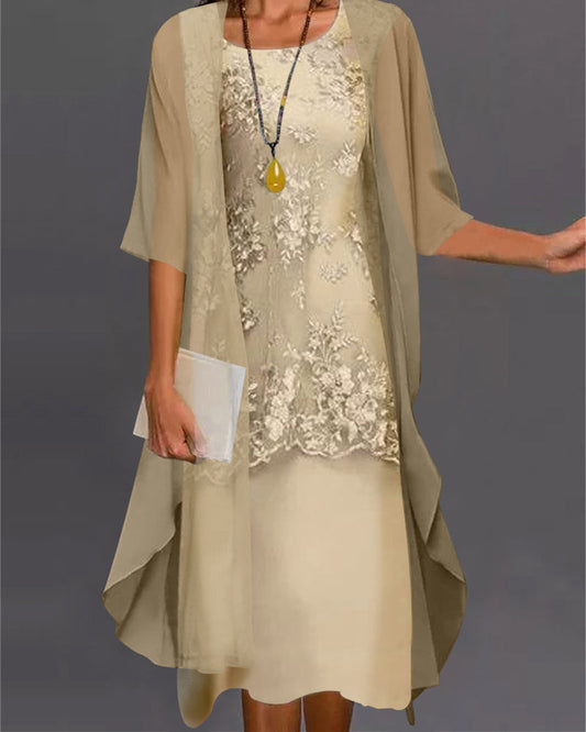 Dresses | Women’s Elegant Lace Midi Dress with Chiffon Cape Overlay