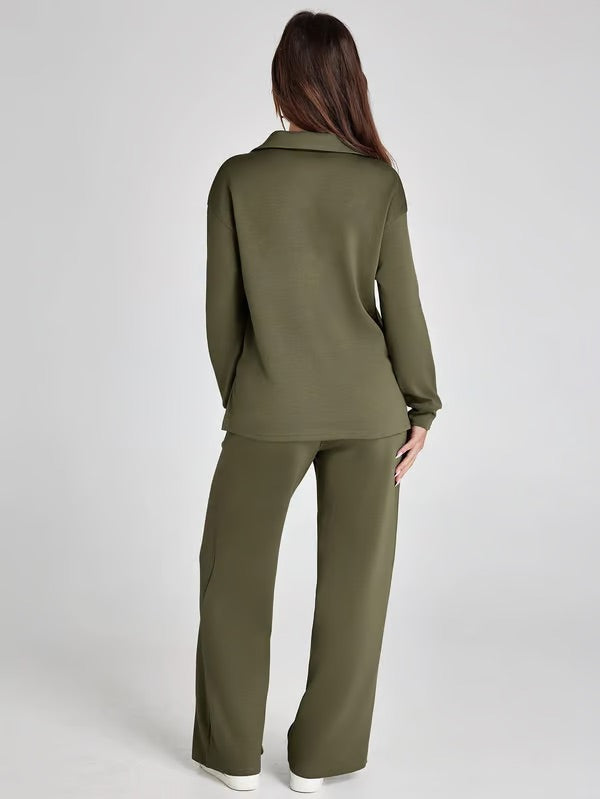 Two-Piece Set | V-Neck Sweatshirt & Wide-Leg Trousers