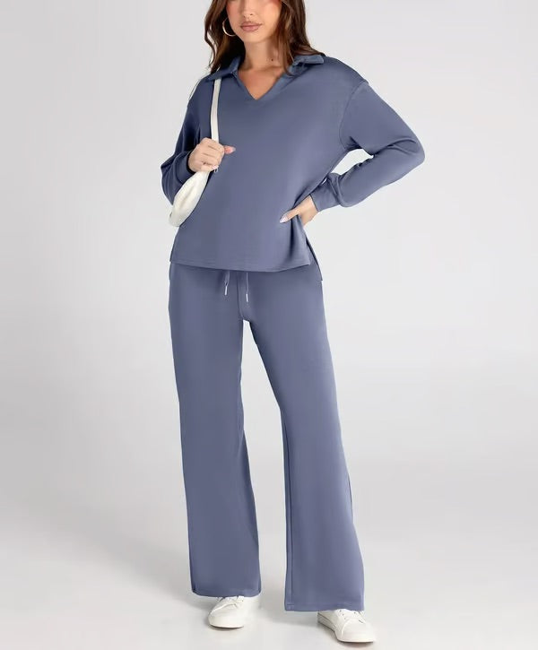Two-Piece Set | V-Neck Sweatshirt & Wide-Leg Trousers