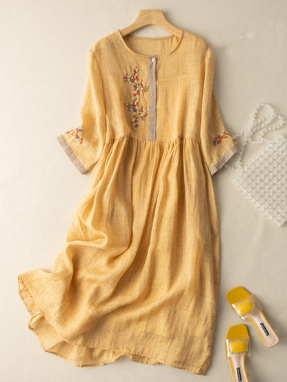 Dresses | Women’s Embroidered Linen-Blend Casual Midi Dress