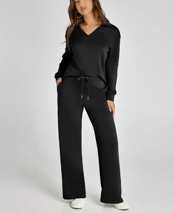 Two-Piece Set | V-Neck Sweatshirt & Wide-Leg Trousers