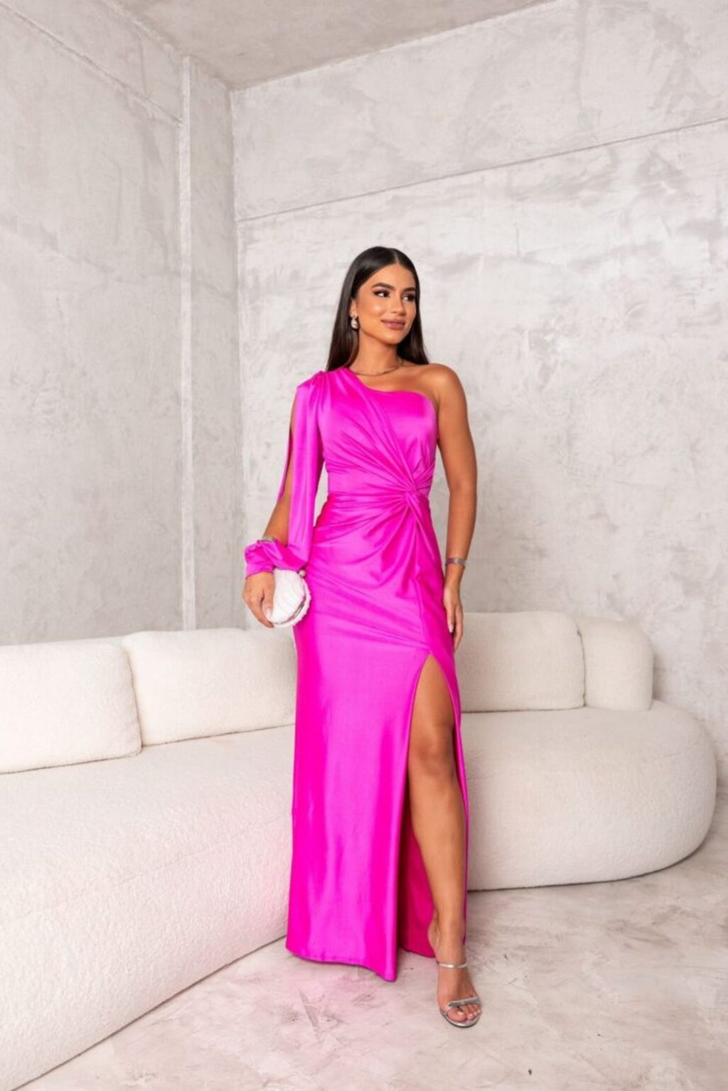 Dresses | Women’s One-Shoulder Draped Sleeve Evening Gown with High Slit