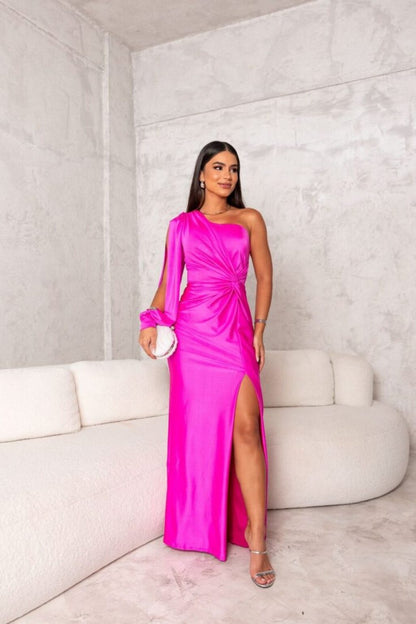 Dresses | Women’s One-Shoulder Draped Sleeve Evening Gown with High Slit