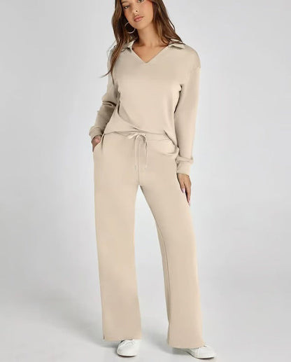 Two-Piece Set | V-Neck Sweatshirt & Wide-Leg Trousers