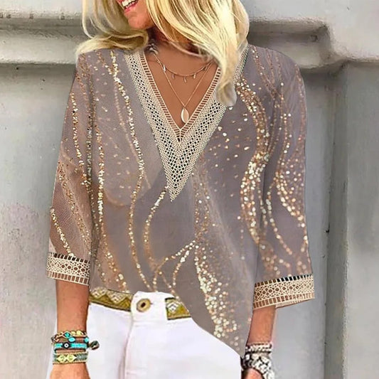 Women's Summer Glitter Blouse | V-Neck with Lace Trim
