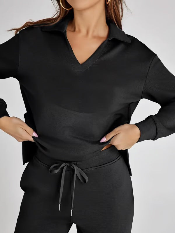Two-Piece Set | V-Neck Sweatshirt & Wide-Leg Trousers