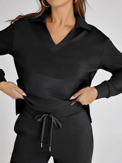 Two-Piece Set | V-Neck Sweatshirt & Wide-Leg Trousers
