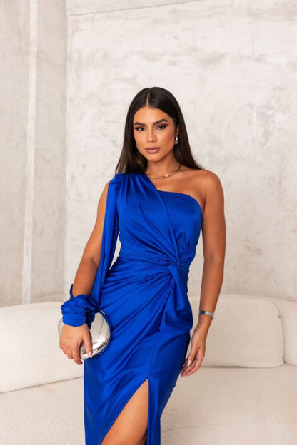 Dresses | Women’s One-Shoulder Draped Sleeve Evening Gown with High Slit