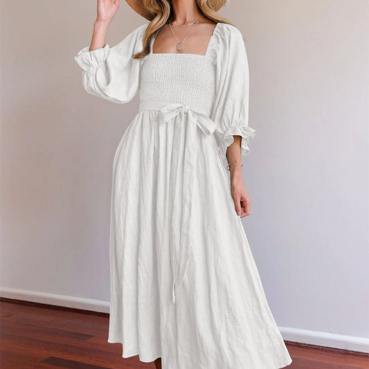 Dress | Smocked Bodice Midi Dress with Puff Sleeves