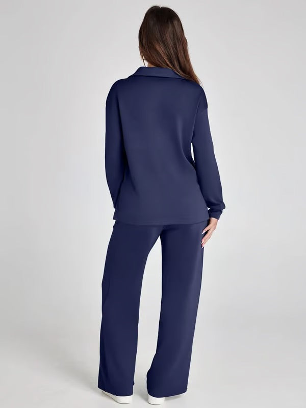Two-Piece Set | V-Neck Sweatshirt & Wide-Leg Trousers