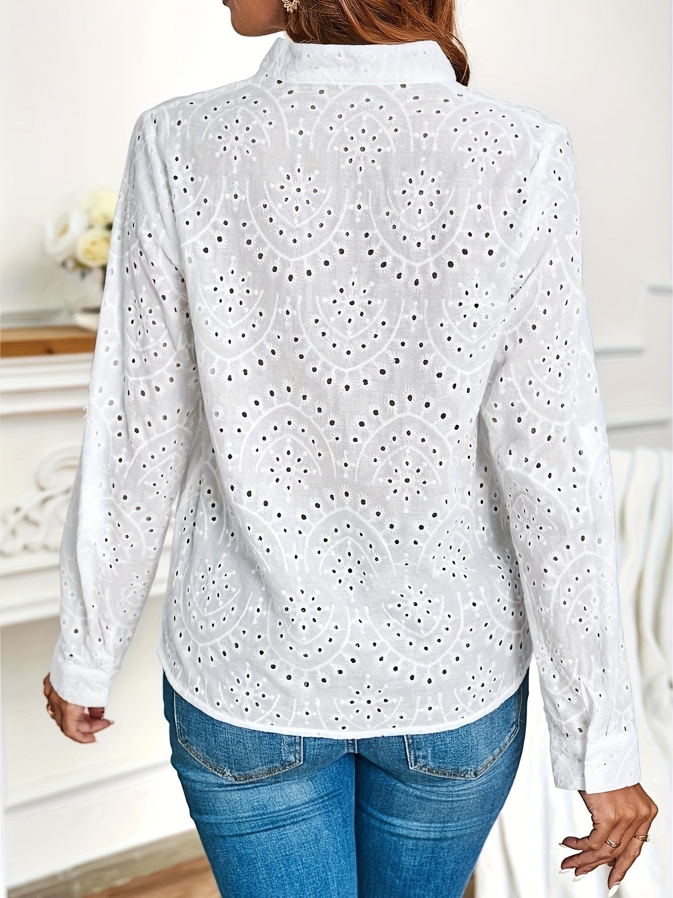 Tops | Women’s Eyelet Embroidered Long Sleeve Blouse – Casual Elegance