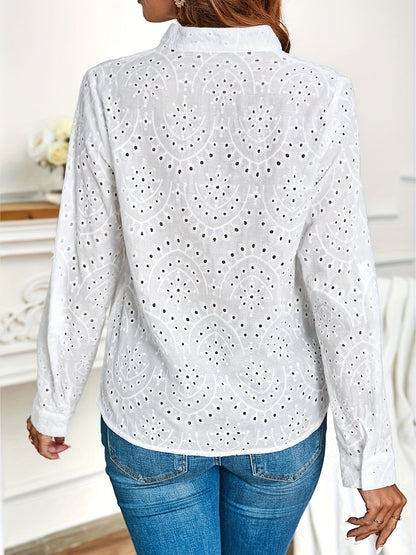 Tops | Women’s Eyelet Embroidered Long Sleeve Blouse – Casual Elegance