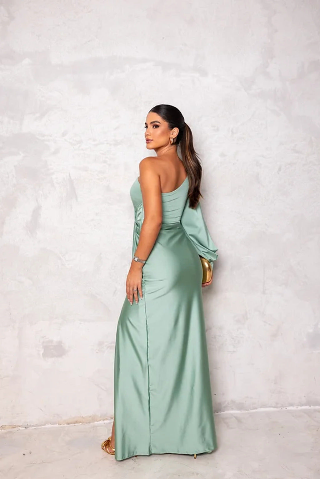 Dresses | Women’s One-Shoulder Draped Sleeve Evening Gown with High Slit